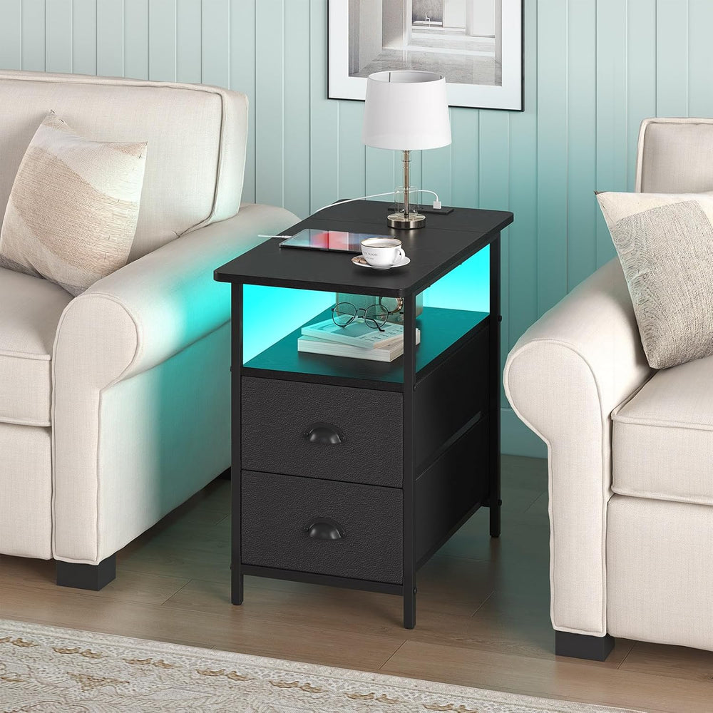sthmec End Table with Charging Station, Narrow Side Table with 2 Drawers, LED...