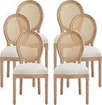 Nrizc Farmhouse Fabric Dining Room Chairs Set of 6, French Chairs with Round Back, Woven Rattan Dining Chair, Oval Side Chair for Dining Room/Kitchen/Restaurant