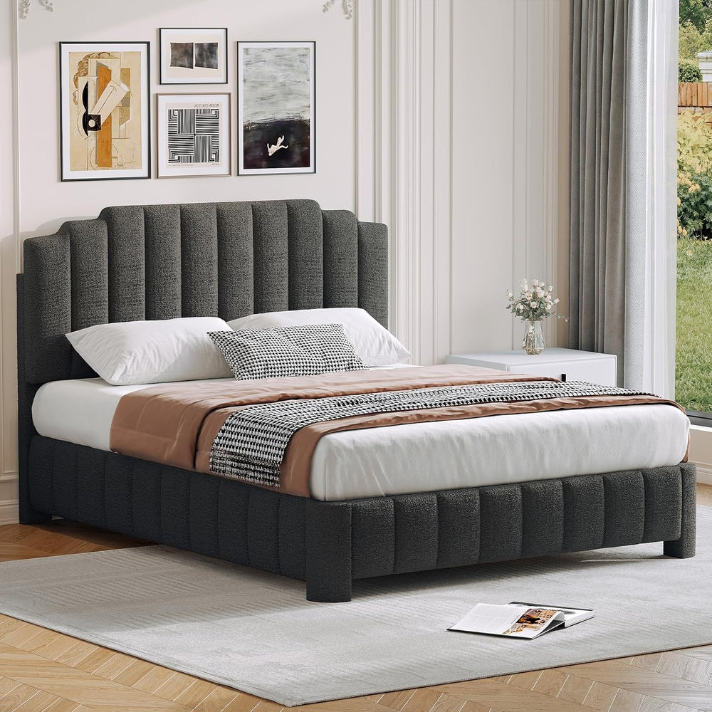 Queen Size Bed Frame with Adjustable Headboard, Grey Boucle Bed Frame