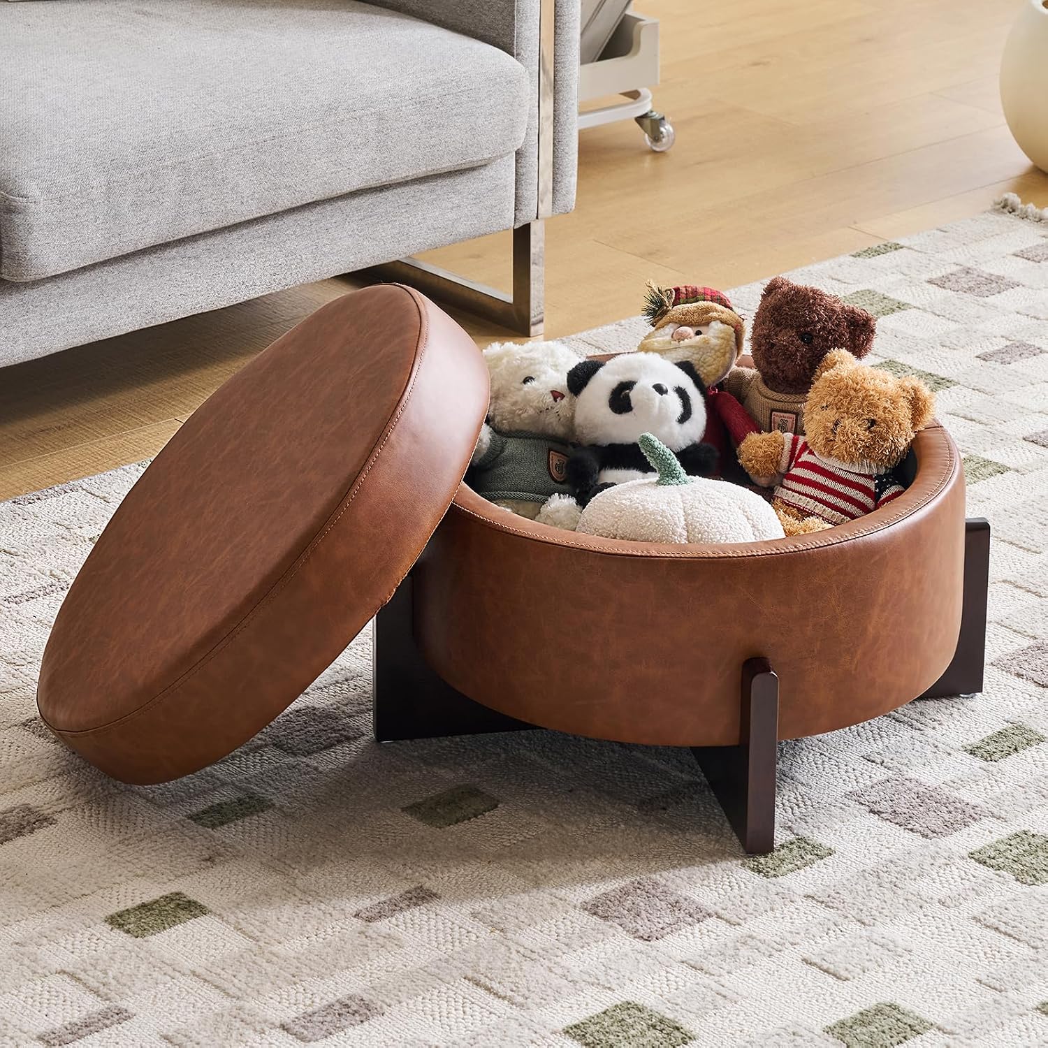 26Inch Round Storage Ottoman, Modern Faux Leather Ottoman Coffee Table with Removable Top, Upholstered Ottoman with Storage, Footrest Stool for Living Room, Bedroom (Light Brown)