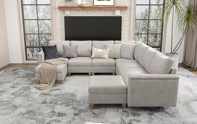 SITJOY 118" Faux Leather Modular Sectional Sofa with Storage, Mid Century Modern Sectional Couches for Living Room, Soft Padded Armrests, 9 Seat V-Shaped Sectional Couch, Greige