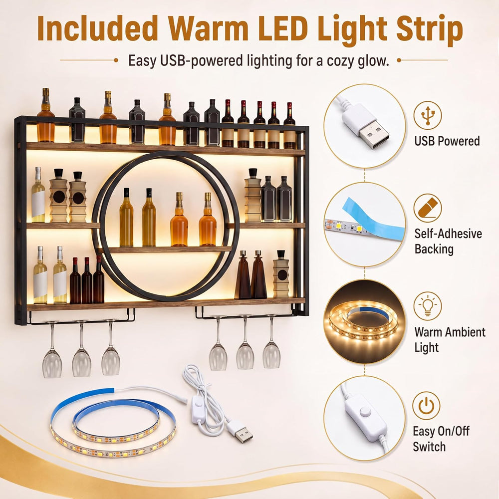 Marsui 39.4" Wall Mounted Wine Rack with LED, 3-Tier Bar Shelf, Circular...