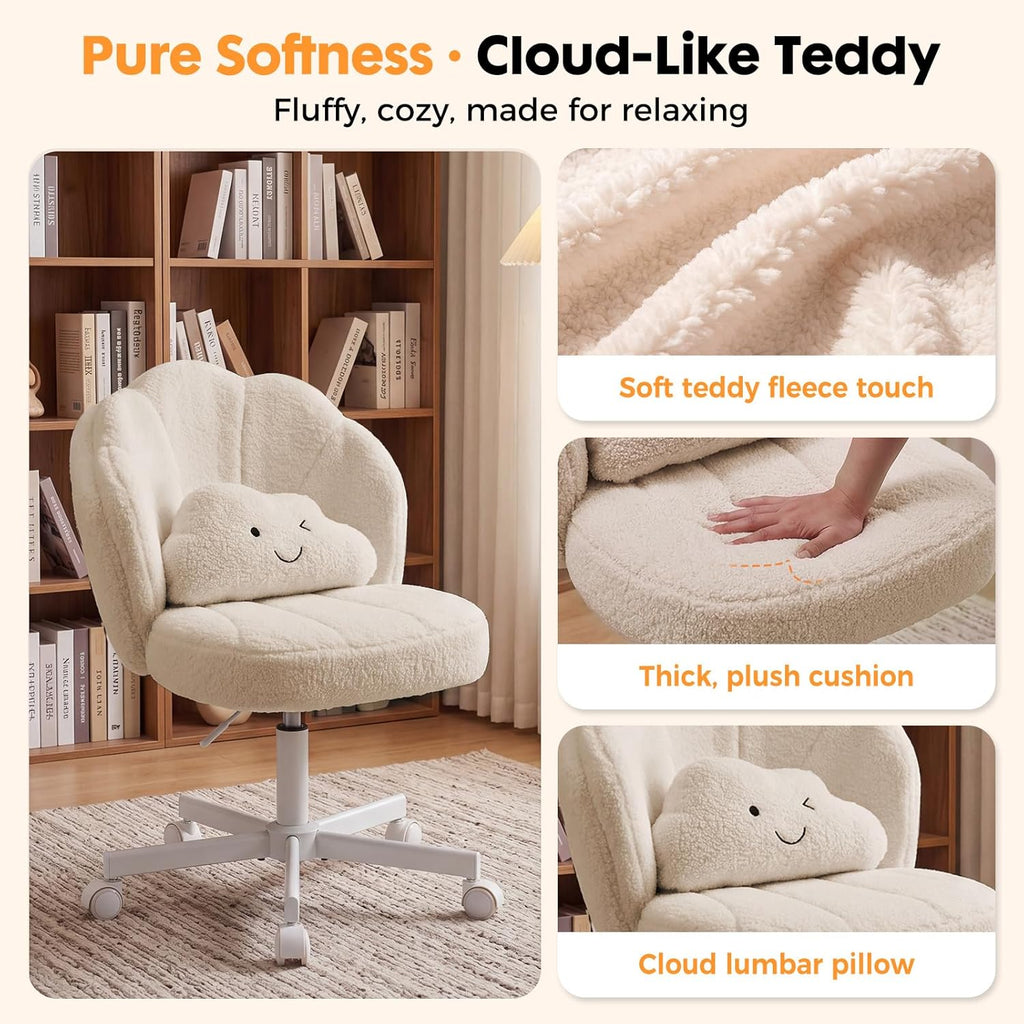 COMHOMA Petal Vanity Chair with Wheels, Cute Desk Chair for Girls Women, Upholstered Home Office Chair with Backrest, Height Adjustable Armless Swivel Chair for Bedroom, Teddy Fleece, Beige
