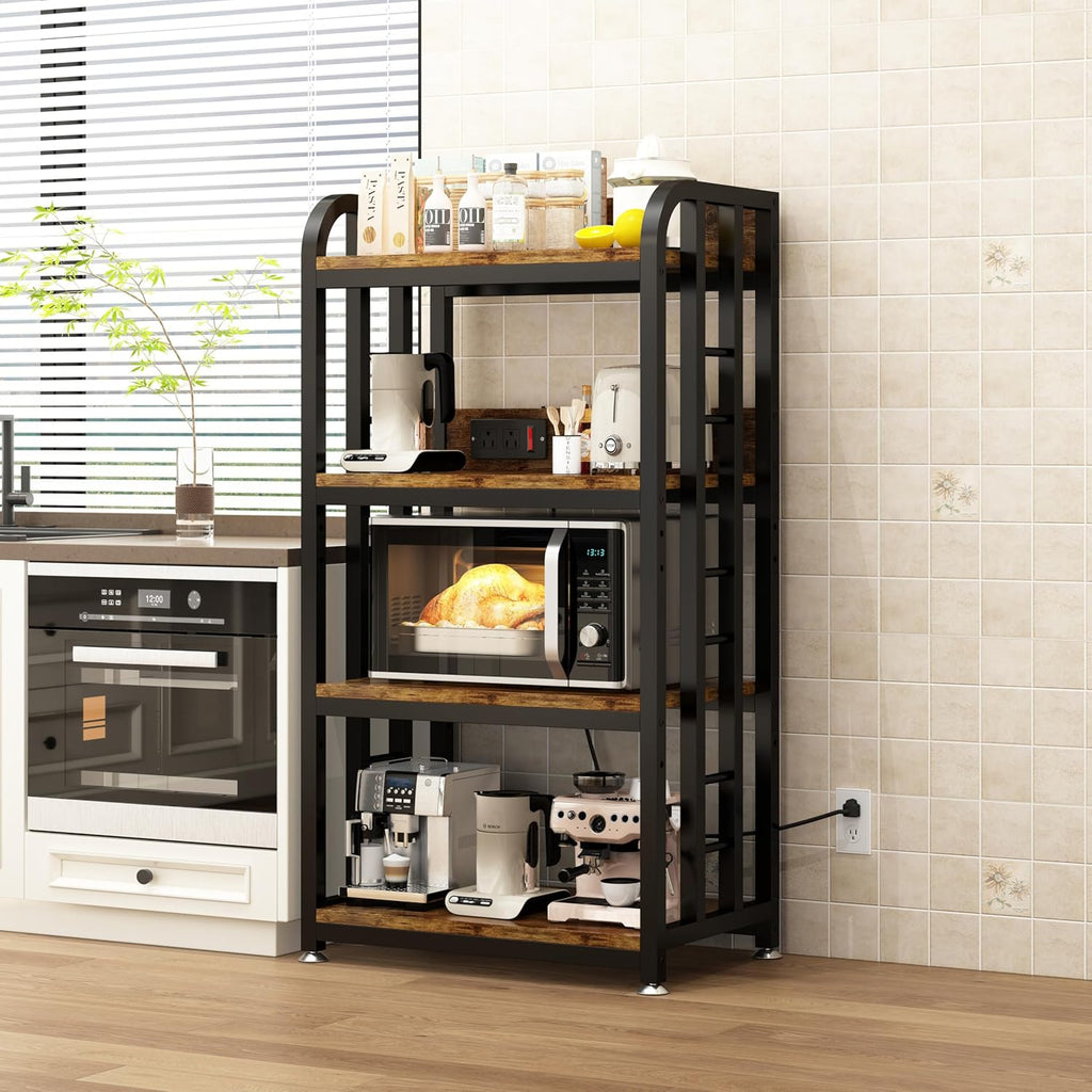 4-Tier Kitchen Bakers Rack with Power Outlet and Rolling Wheels, Microwave Stand with Storage, Adjustable Kitchen Shelves Freestadning, Coffee Bar Station, Bakers Rack for Spices, Pots and Pans, Brown