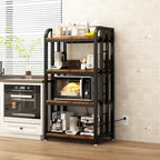 4-Tier Kitchen Bakers Rack with Power Outlet and Rolling Wheels, Microwave Stand with Storage, Adjustable Kitchen Shelves Freestadning, Coffee Bar Station, Bakers Rack for Spices, Pots and Pans, Brown