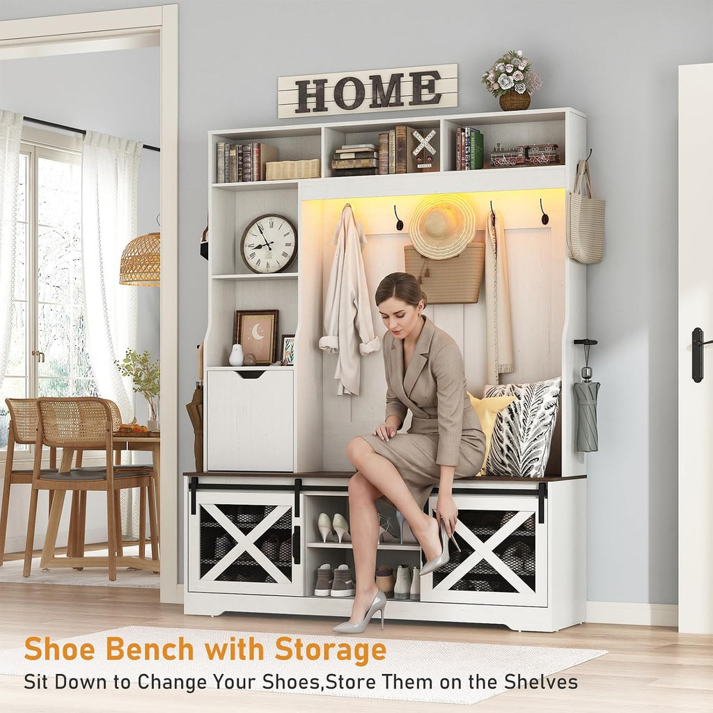 75''H 59''W Large LED Farmhouse Hall Tree with Bench and Shoe Storage,Entryway Bench with Coat Rack,16 Shoe Cubbies & Umbrella Holder and Sock Storage Drawer,Mudroom/Hallway Storages Cabinet(white )
