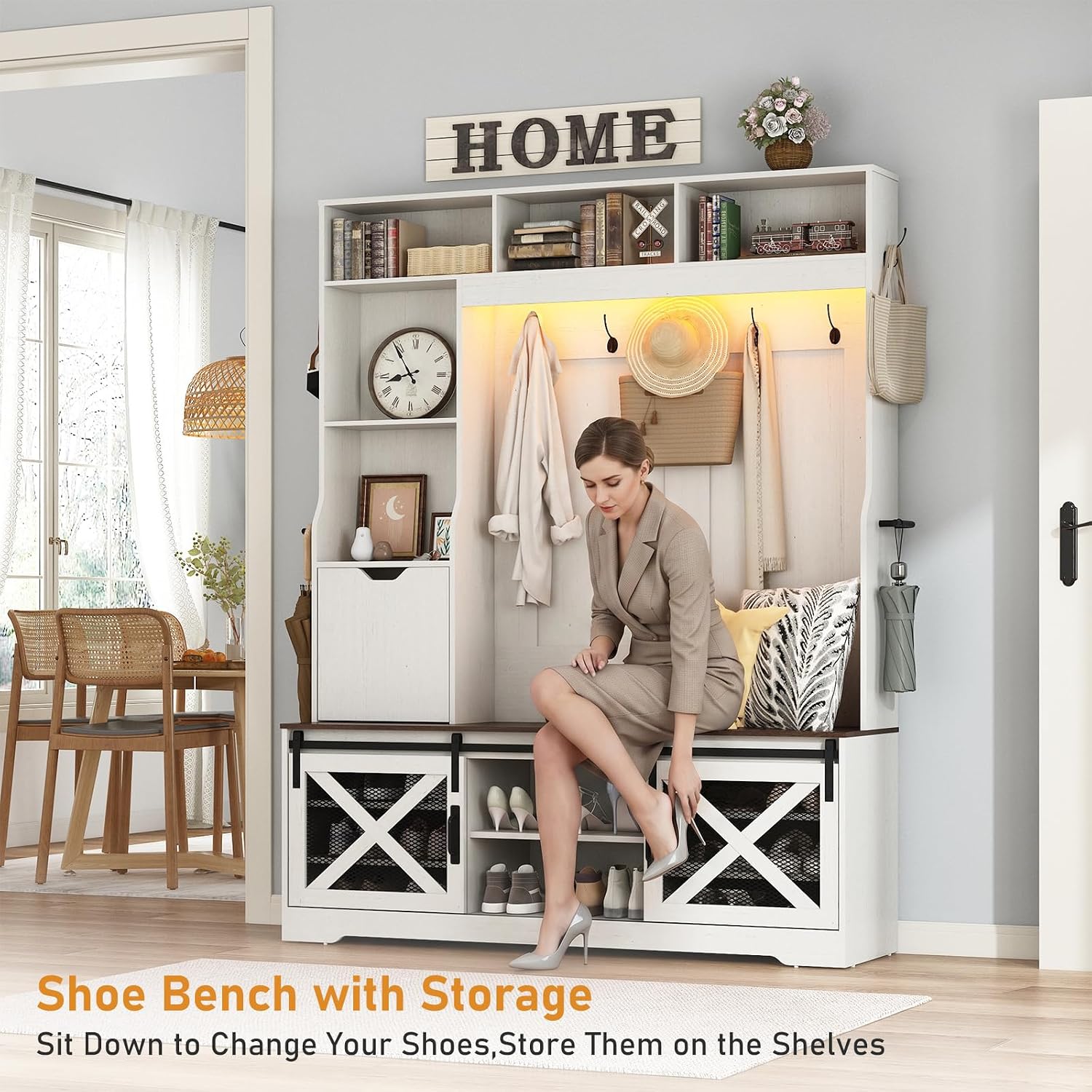 75''H 59''W Large LED Farmhouse Hall Tree with Bench and Shoe Storage,Entryway Bench with Coat Rack,16 Shoe Cubbies & Umbrella Holder and Sock Storage Drawer,Mudroom/Hallway Storages Cabinet(white )