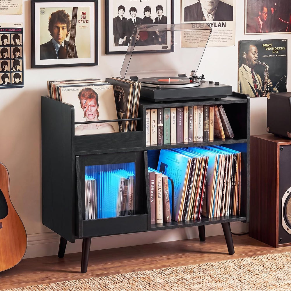 Giantex Large Record Player Stand with LED Light, Mid Century Modern Turntabl...