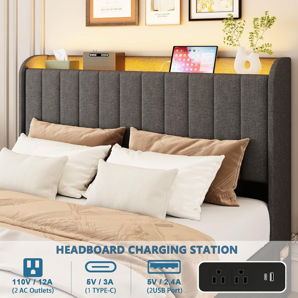 Queen Bed Frame with 4 Storage Drawers, LED Bed Frame with Charging Station, ...