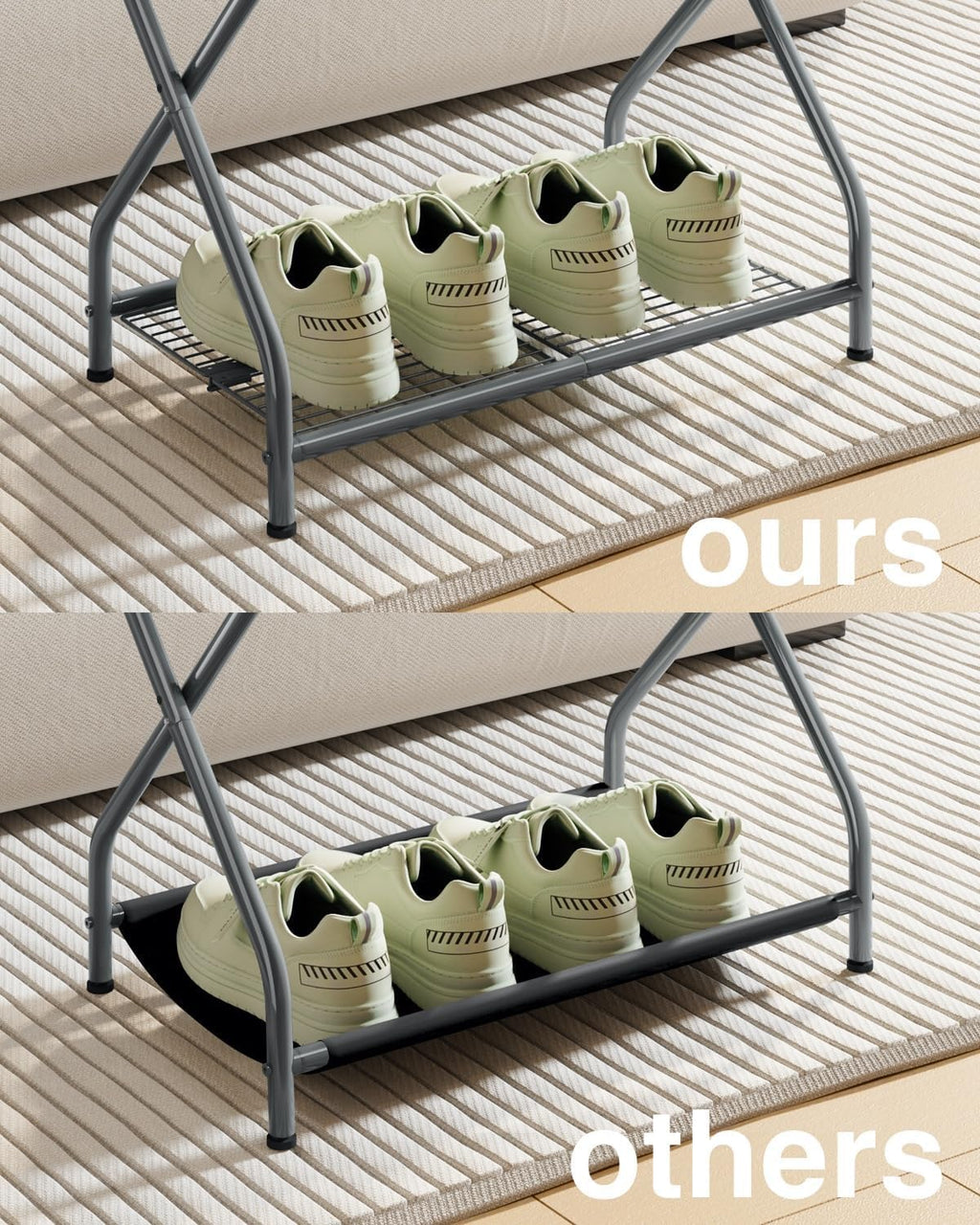 Set of 2 Foldable Gray Luggage Rack Stands with Storage Shelves – Heavy Duty Metal Suitcase Holders, 150 lbs Top, 50 lbs Bottom Each, Fits 20”-28” Luggage – Guest Room, Bedroom, Hotel LR-GY-2