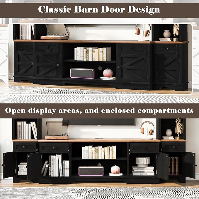 98.8" W Wall Unit Entertainment Center with Bookshelves for TVs up to 80", Modern TV Stand Media Console with Cabinets and Adjustable Shelves for Living Room (Black+Brown2)