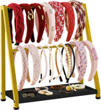 Headband Holder Organizer Metal 2-Tier Display Stand for Selling, Home Bedroom Headband Storage for Girls Women, Headband Stand Wood Base Can Store Hair Ties