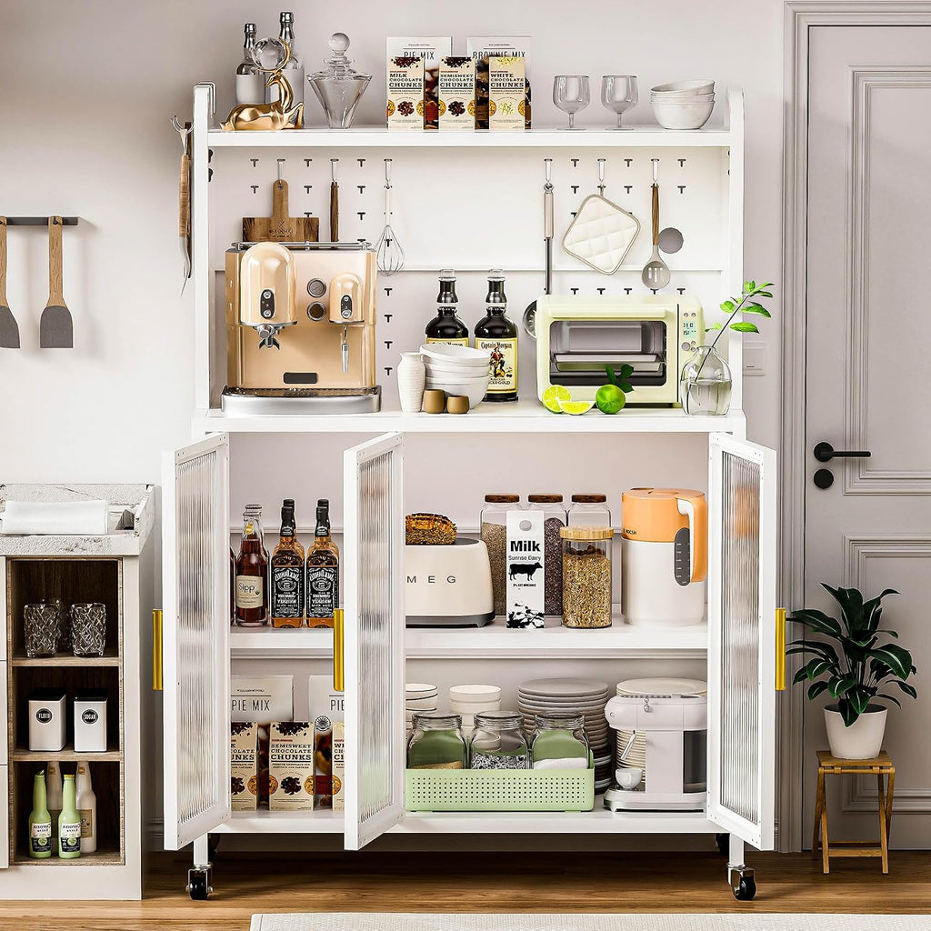 Kitchen Pantry Cabinets, Freestanding Pantry Cabinets with Microwave Stand, Modern Pantry Cabinet with Transparent Door, Kitchen Pantry Cabinet with Versatile Pegboard, Easy to Move, White (White)