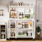 Kitchen Pantry Cabinets, Freestanding Pantry Cabinets with Microwave Stand, Modern Pantry Cabinet with Transparent Door, Kitchen Pantry Cabinet with Versatile Pegboard, Easy to Move, White (White)