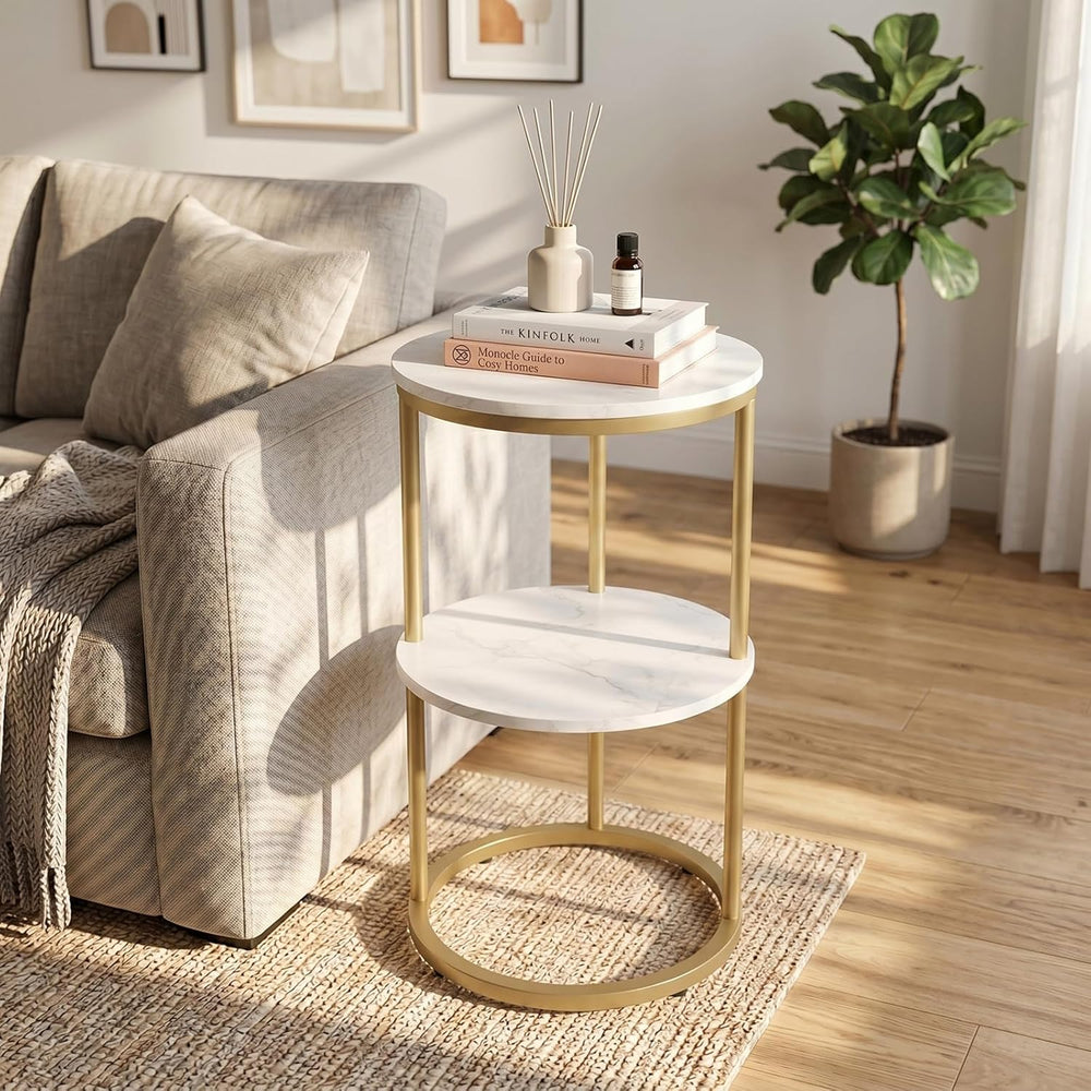 C Shaped end Table,2 Tier Wood Round Side Table for Couch,Small Sofa Table wi...