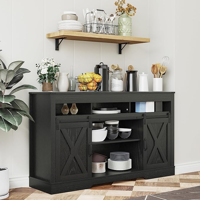Farmhouse TV Stand with Sliding Barn Door for TVs up to 65+ Inch, 34" Tall Entertainment Center, Wood Media Console Storage Cabinet for Bedroom, Living Room, Black