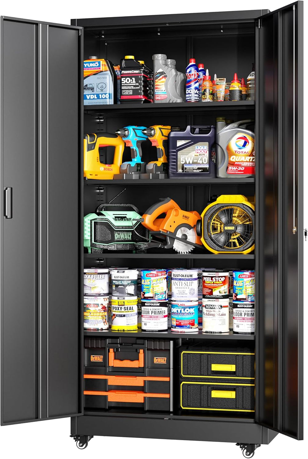 Greenvelly 73" Metal Garage Storage Cabinet with Wheels, Black Lockable ...