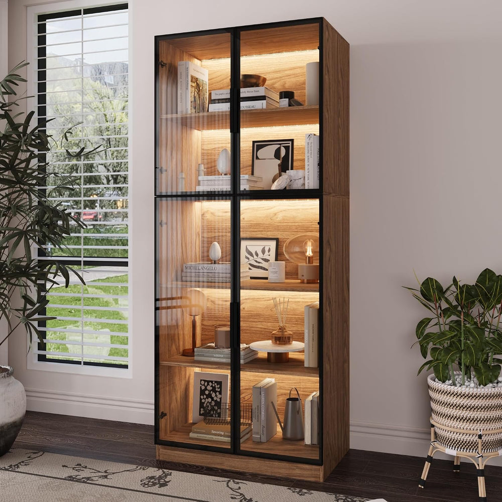 Mekminop Glass Display Cabinet with Lights and Shelves, Modern Display Case C...