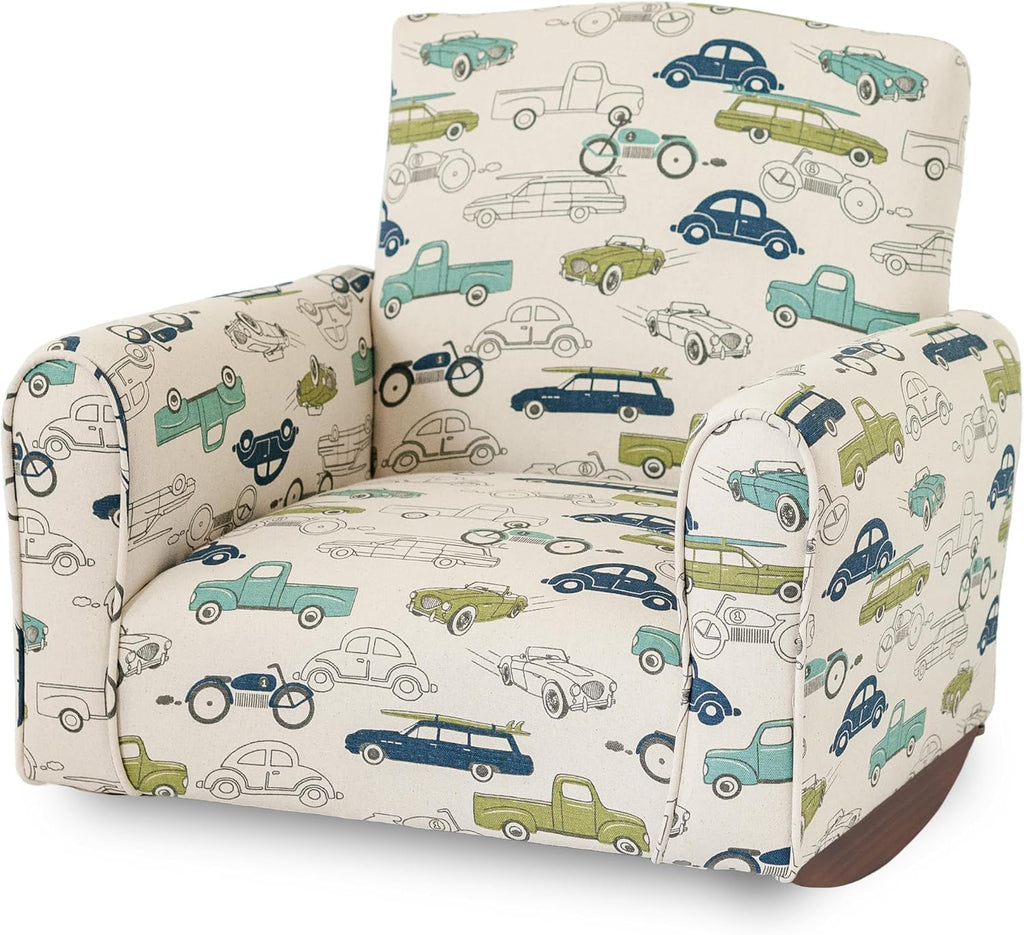 Kid Rocking Chair for Toddlers, Child Chair for Little Kids, Upholstered Toddler Armchair for Children, Comfy and Cute Little Kid Chairs (Rockers, Cars & Trucks Print)