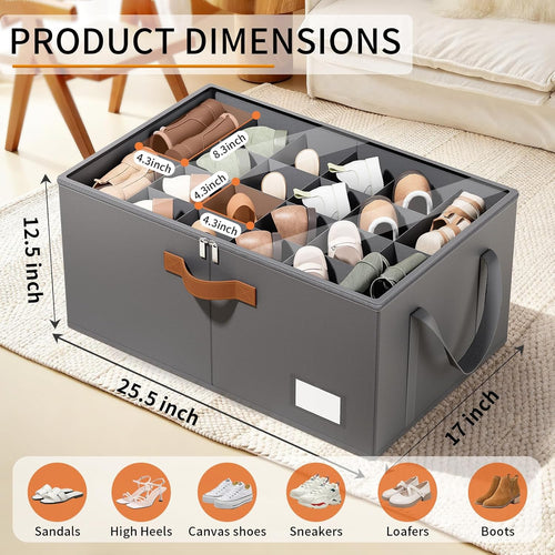 2 Pack Shoe Organizer for Closet, Foldable Shoe Storage Organizer with Clear Cover, Lable and Reinforced Handles, Space Saving Shoes Box Fits up to 20-40 Pairs, Gray