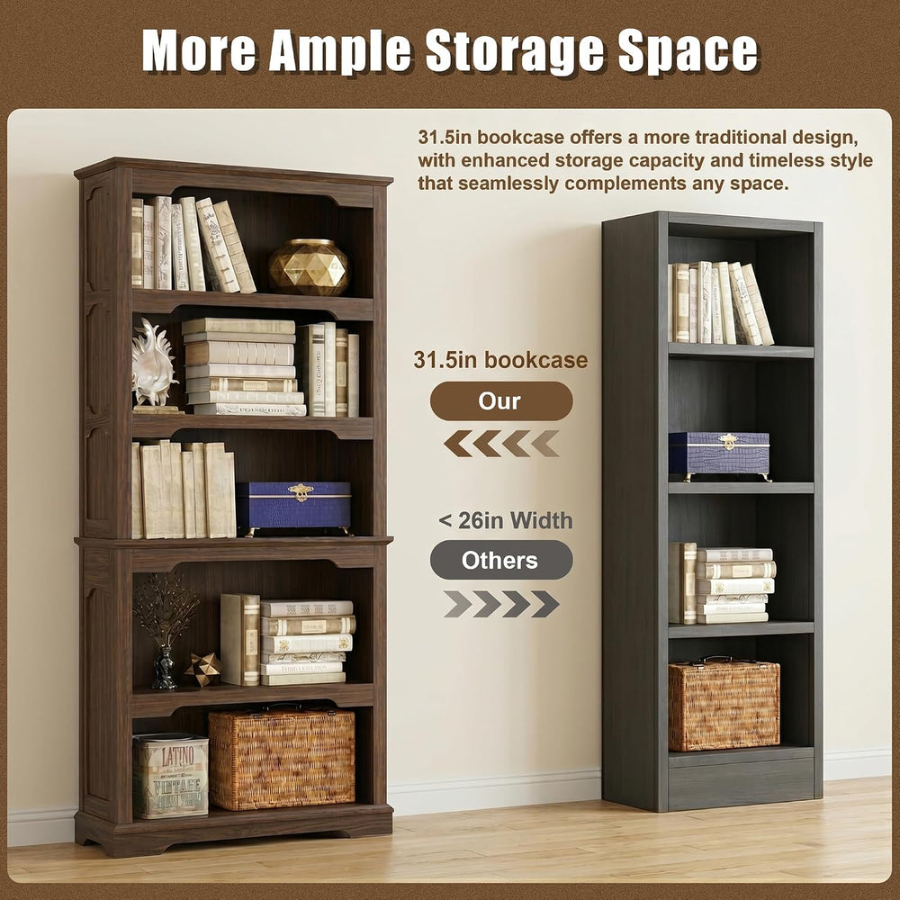 70” Walnut Bookcase Bookshelf, 5-Tier Farmhouse Bookcase Shelves