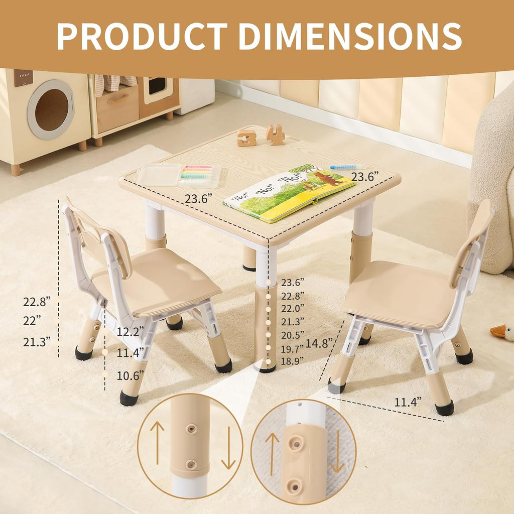 Hulaibit Kids Table and 2 Chairs Set, Height Adjustable Toddler Table and Chairs with Anti-Slip Foot Covers, Graffiti Desktop Arts & Crafts Table for Daycare, Classroom