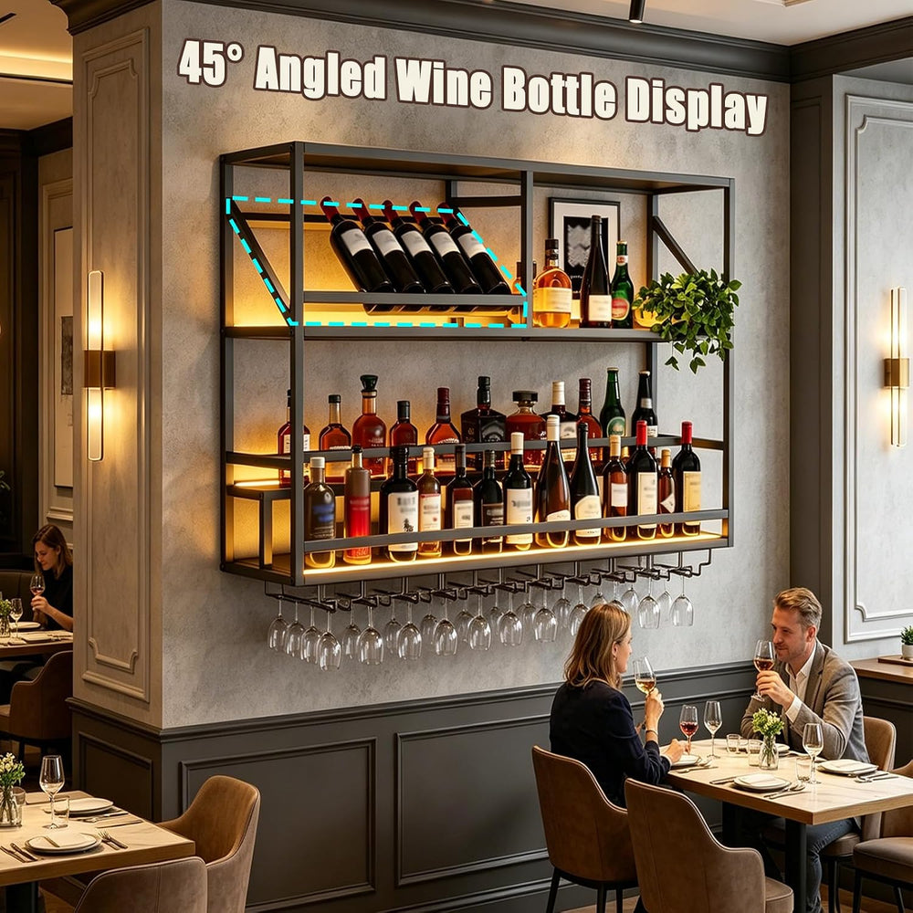 31.5in Wall Mounted Wine Rack with LED Lights, Stepped 3-Tier Bar Shelf | Liq...