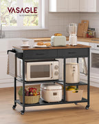 VASAGLE Kitchen Rolling Island, Mobile Kitchen Cart with Storage on Wheels, 17.7 x 38.8 x 35.4 Inches, Towel Rack, 2 Drawers, 2 Hooks, for Dining Room, Rustic Brown and Ink Black UKKI010KD01