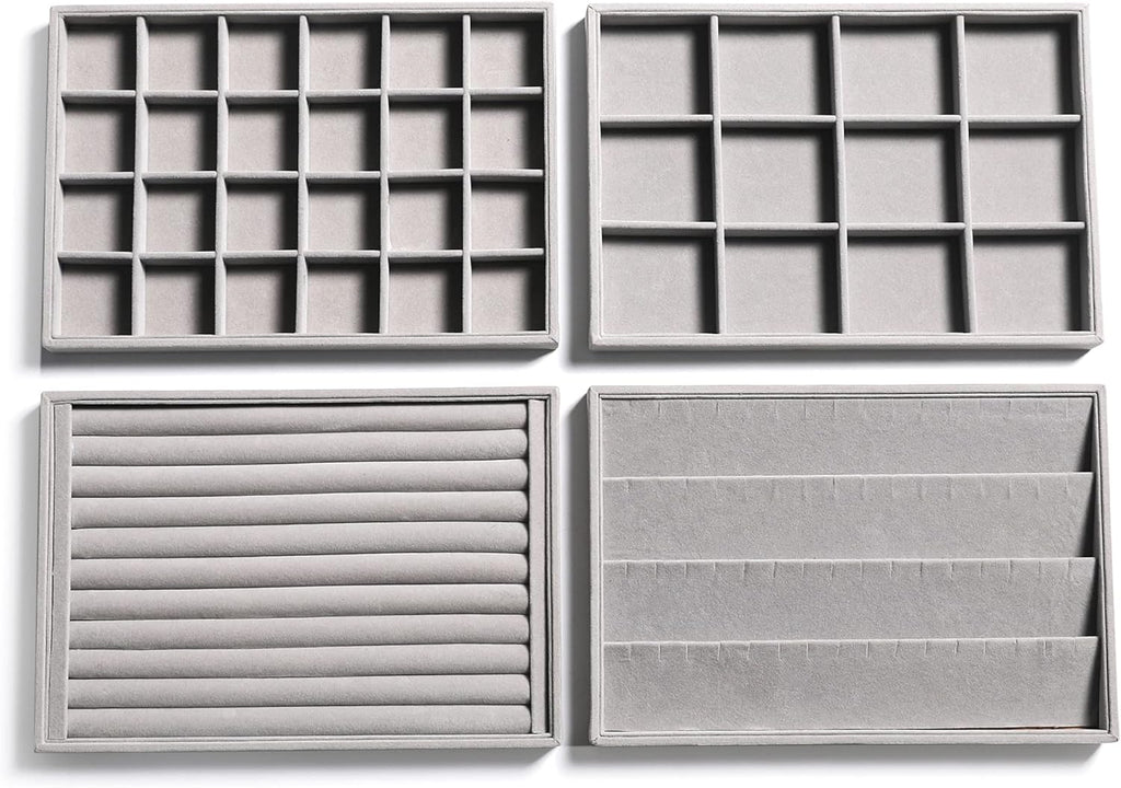 Frebeauty Stackable Velvet Jewelry Organizer Trays for Drawers Inserts Jewelry Storage Tray Display Case Earrings Bracelets Necklace Rings Accessories Trays for Women(Set of 4)(Grey).