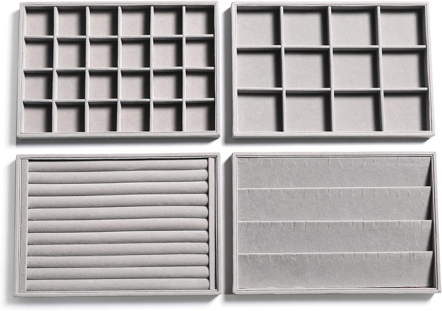Frebeauty Stackable Velvet Jewelry Organizer Trays for Drawers Inserts Jewelry Storage Tray Display Case Earrings Bracelets Necklace Rings Accessories Trays for Women(Set of 4)(Grey).
