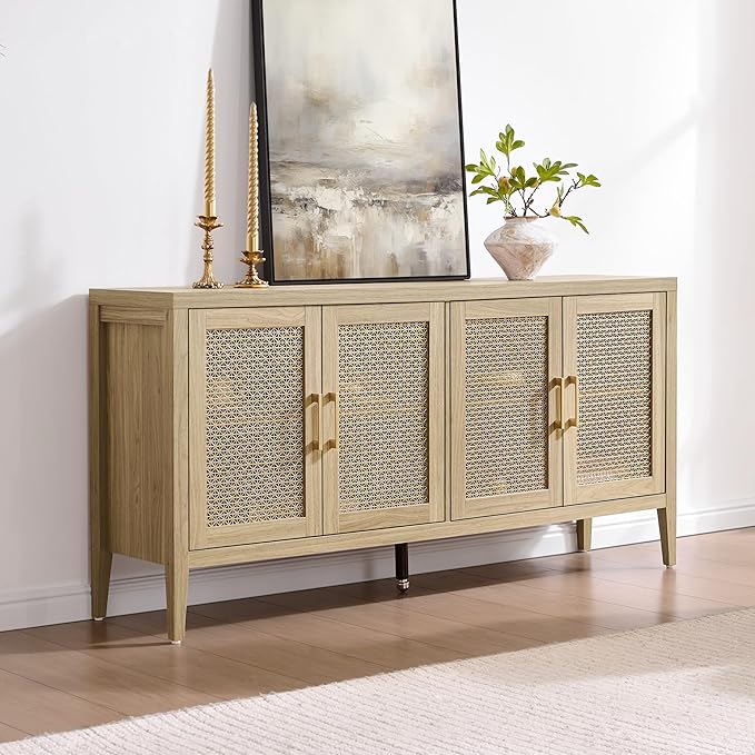 SICOTAS TV Stands for Living Room Bedroom - Farmhouse Entertainment Center TV Console with 4 Doors Cabinet, 59" Television Stands Media Console Credenza for 45 50 55 60 65 Inch TVs, Light Walnut