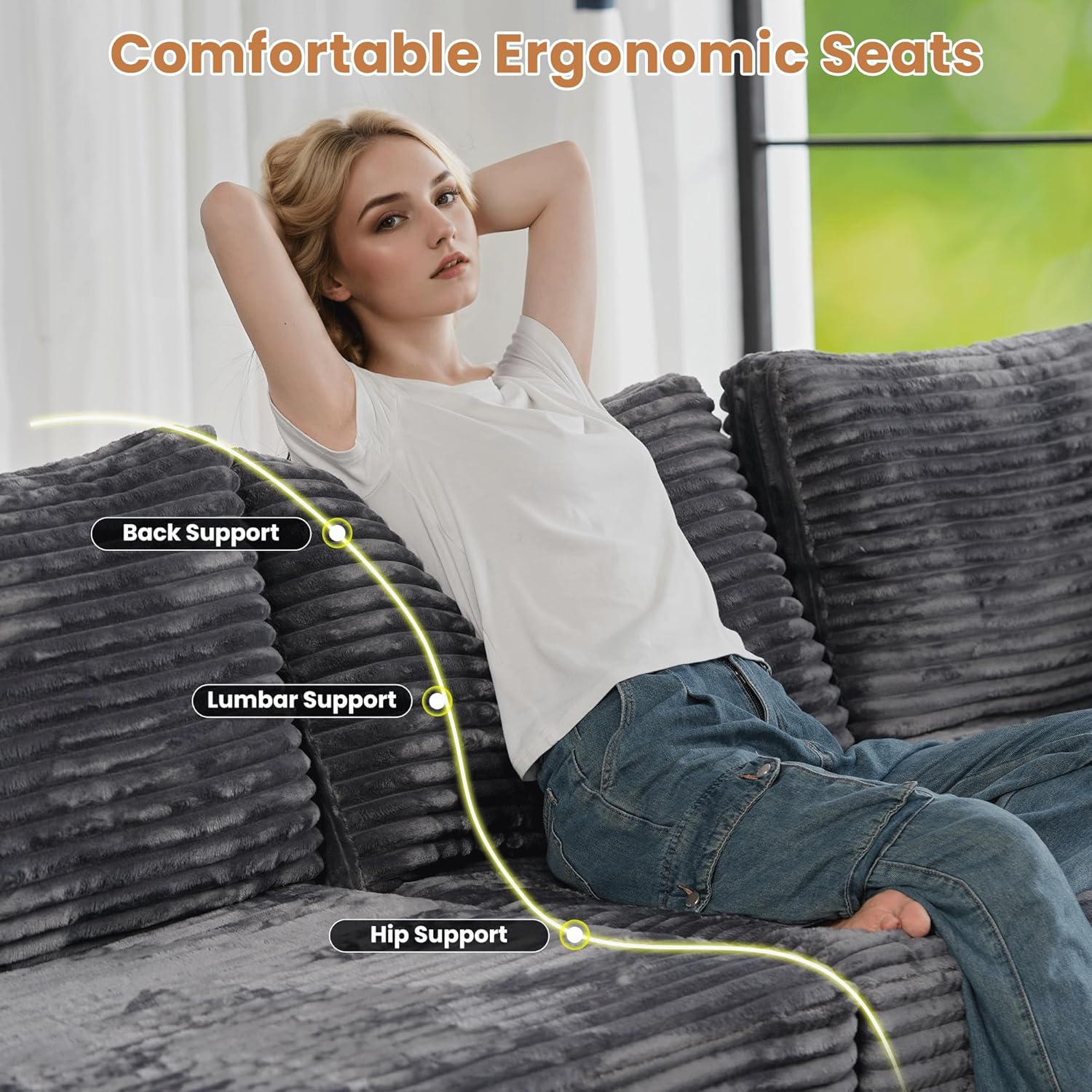ovios Modular Sectional Sofa Couch with U-Shape Chaise Ottomans, Comfy Plush Corduroy Cloud Couches, Modern Luxury Deep Seat Sofas Set for Living Room, 9-Seater, Grey