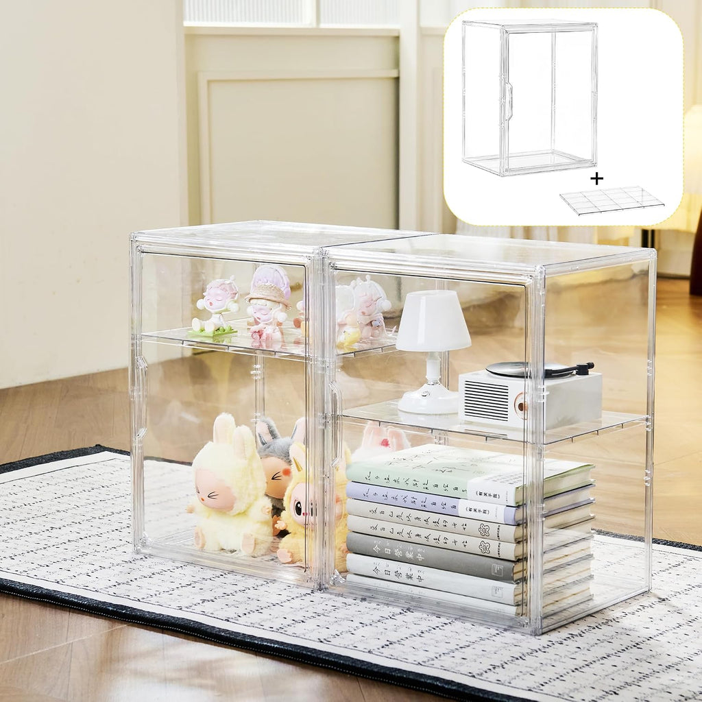 LXLXXL Clear Acrylic Display Case with 2 Tier Removable Shelf for Figures | Clear Acrylic Showcase for POP MART Figures, Makeup, with 2 Removable Shelves, Dustproof Collectible Display Box Organizer