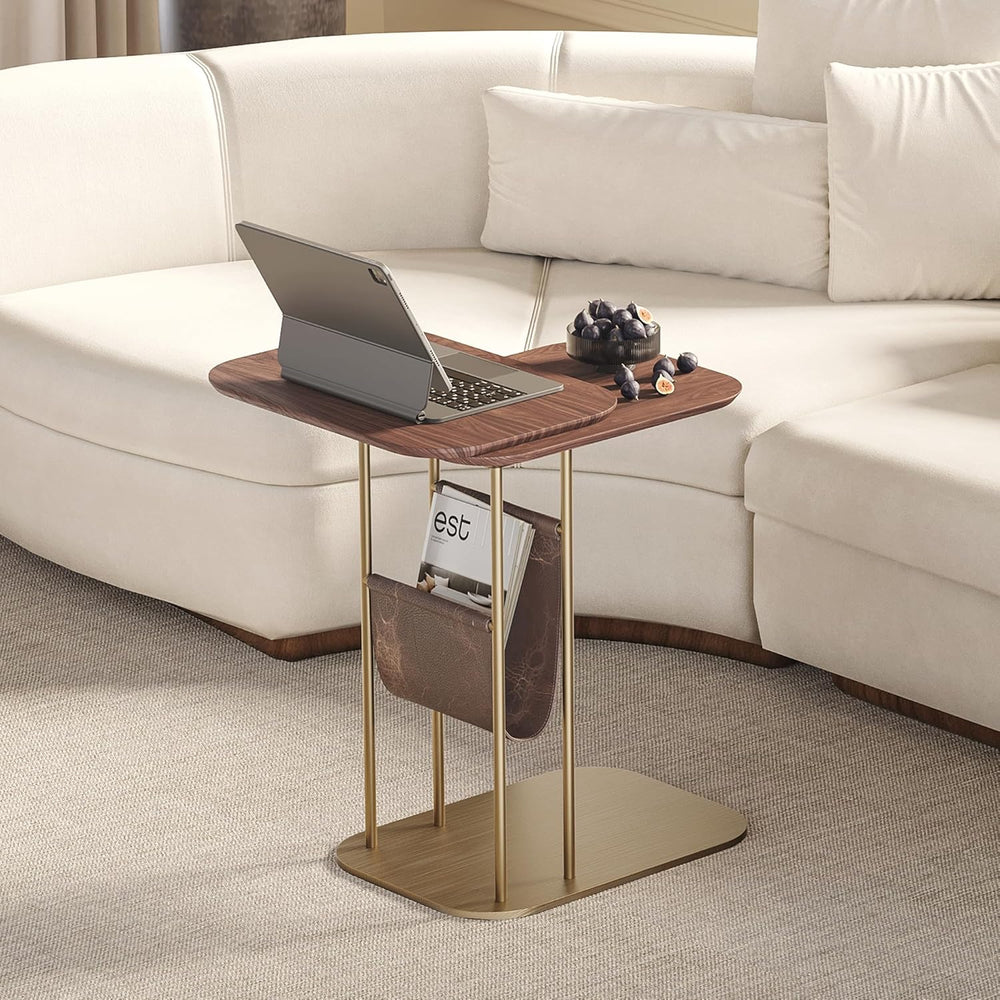 LOVEDIMA C-Shaped Walnut & Gold Rotating Side Table with Storage - 360° S...