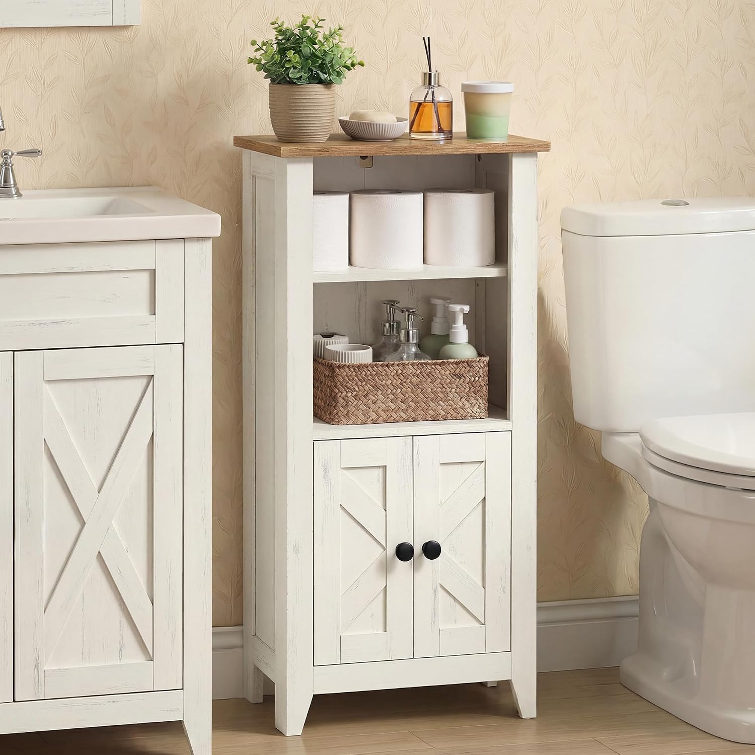 VASAGLE LIRY Collection - Storage Cabinet, Farmhouse Floor Cabinet, Freestanding Storage Organizer for Bathroom Kitchen Entryway, Adjustable Shelf, Cloud White and Rustic Brown UBBK313W101S