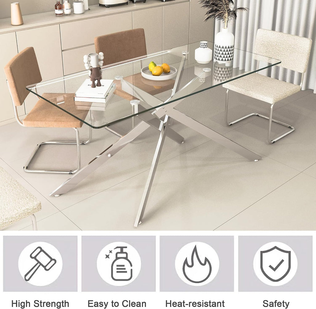 Glass Dining Table Set for 4, Modern Kitchen Table and Chairs Set of 4, 5-Piece Kitchen Dining Room Table Set w/61 Glass Silver Dining Table and 4 Beige Velvet Upholstered Chairs