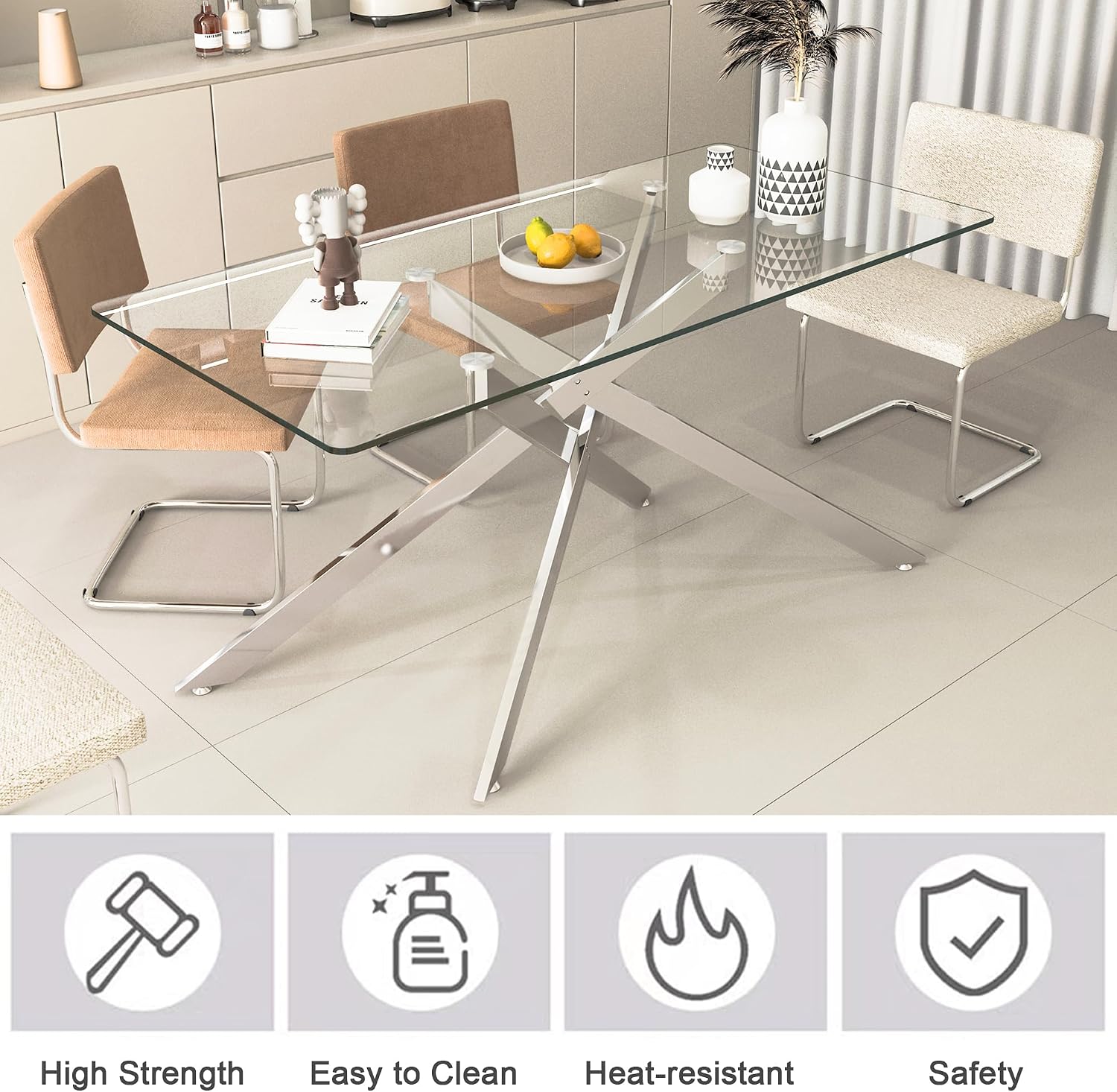 Glass Dining Table Set for 4, Modern Kitchen Table and Chairs Set of 4, 5-Piece Kitchen Dining Room Table Set w/61 Glass Silver Dining Table and 4 Beige Velvet Upholstered Chairs
