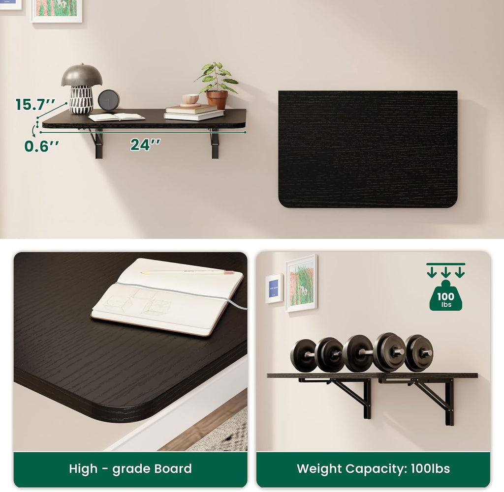 Dogsky Wall Mounted Folding Table, Floating Desk 24x15.7Inch, Fold Down Shelf Wall Mounted with Heavy Iron Brackets, Foldable Table for Launrdy Room, Office Study Work Bench, Kitchen Dining, Black