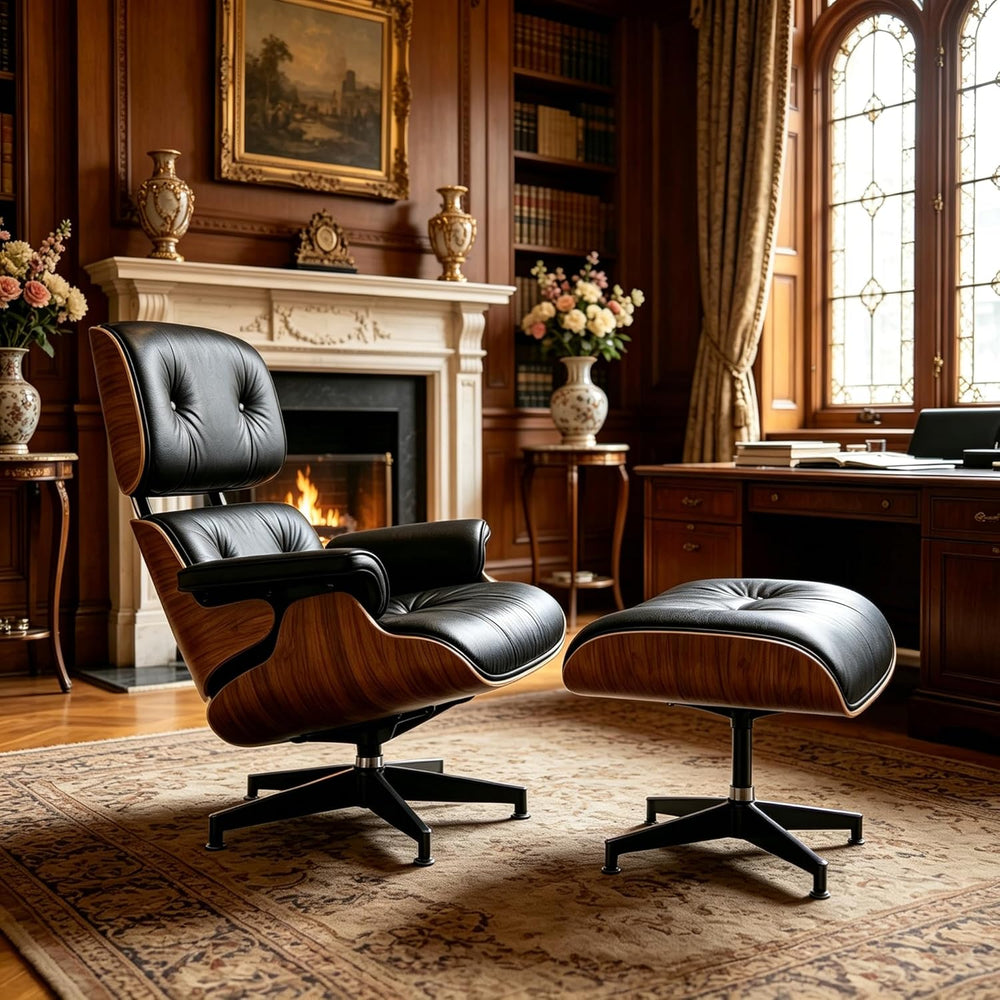 Mid Century Chaise Lounge Chair with Ottoman, Modern Retro Classic Design, PU...