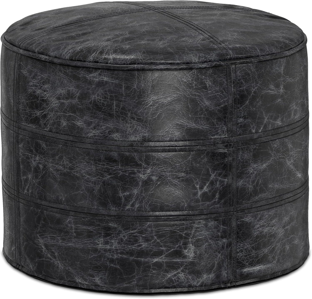 SIMPLIHOME Connor 18" Wide Round Pouf in Distressed Black Genuine Leather