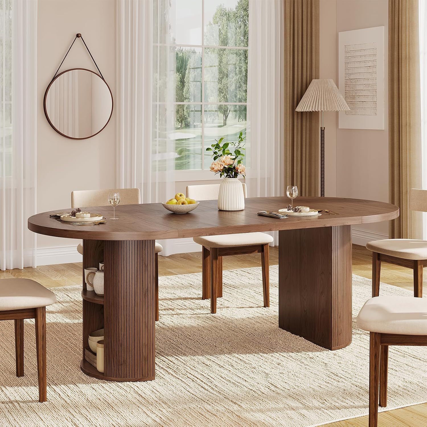ONBRILL 41-78 Inch Extendable Dining Table for 4-8, Fluted Expandable Kitchen Table with Storage, 2 Leaf, Mid Century Modern Oval Dinner Tables for Dining Room, Kitchen, Living Room, Walnut