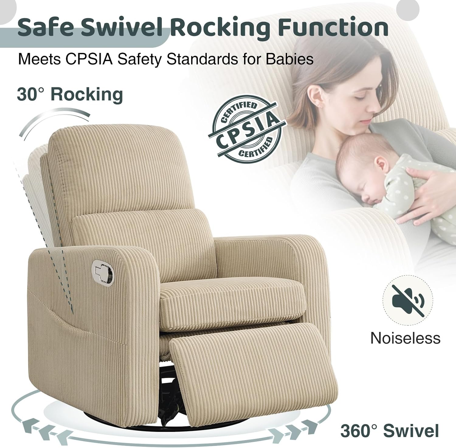 Swivel Rocker Recliner, Oversized Manual Nursery Glider Rocking Recliner Chair with Removable Cushion, Upholstered Corduroy Swivel Reclining Chair for Nursery Living Room Bedroom, Camel