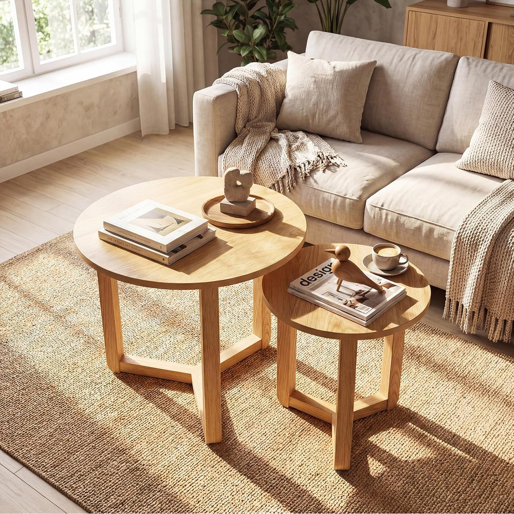 Giantex Round Nesting Coffee Table Set of 2, Wood Nesting End Tables with Thi...
