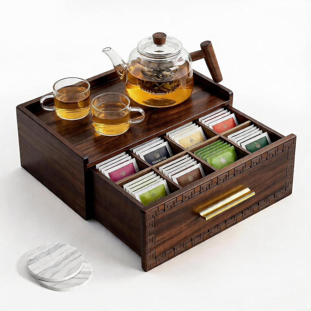 Acacia Wood Tea Bag Organizer with Storage Drawer | 8 Compartments Tea Caddy with Pattern Carving & 2 Ceramic Absorbent Coasters | Wooden Teabag Holder Tea Organizers for Countertop (Walnut)