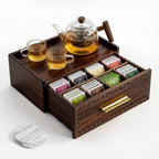 Acacia Wood Tea Bag Organizer with Storage Drawer | 8 Compartments Tea Caddy with Pattern Carving & 2 Ceramic Absorbent Coasters | Wooden Teabag Holder Tea Organizers for Countertop (Walnut)