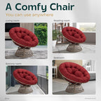 Bme 40" Ergonomic Wicker Papasan Chair with Soft Thick Density Fabric Cushion, High Capacity Steel Frame, 360 Degree Swivel for Living, Bedroom, Reading Room, Lounge, Cherry Sangria-Brown Base