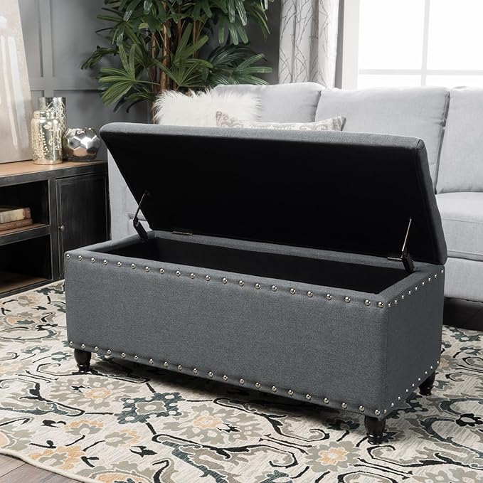 Storage Ottoman Bench,End of Bed Stool w/Safety Hinge & Nailhead Accents,Bedroom Upholstered Footrest,for Entryway,Living Room, Bed Room, Charcoal,42inch