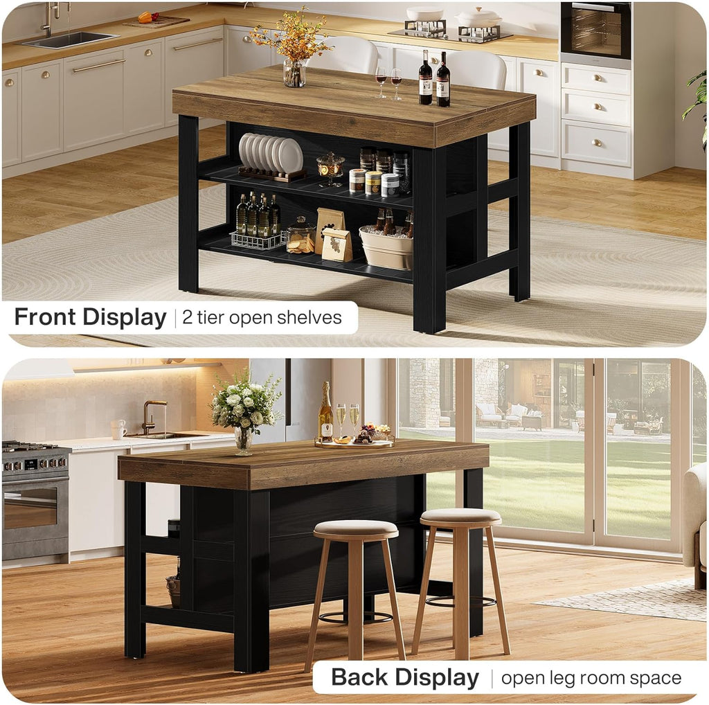 Tribesigns Kitchen Island with Seating and Storage Shelves, 55.1-Inch Breakfast Counter Farmhouse Island Table for Kitchen Dining Room (Brown and Black)