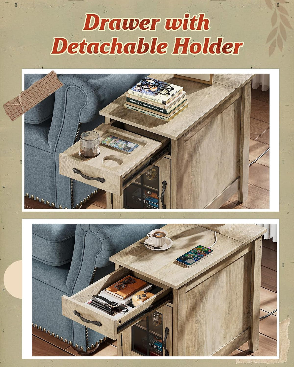 WLIVE End Table with Charging Station, Narrow Side Table for Living Room, Far...