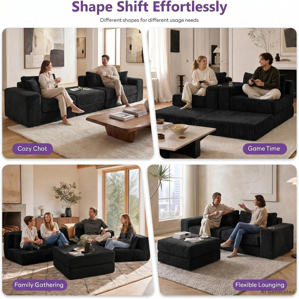 80.31“ Modular Sectional Cloud Couch, Loveseat with Ottoman, Black | Corduroy...